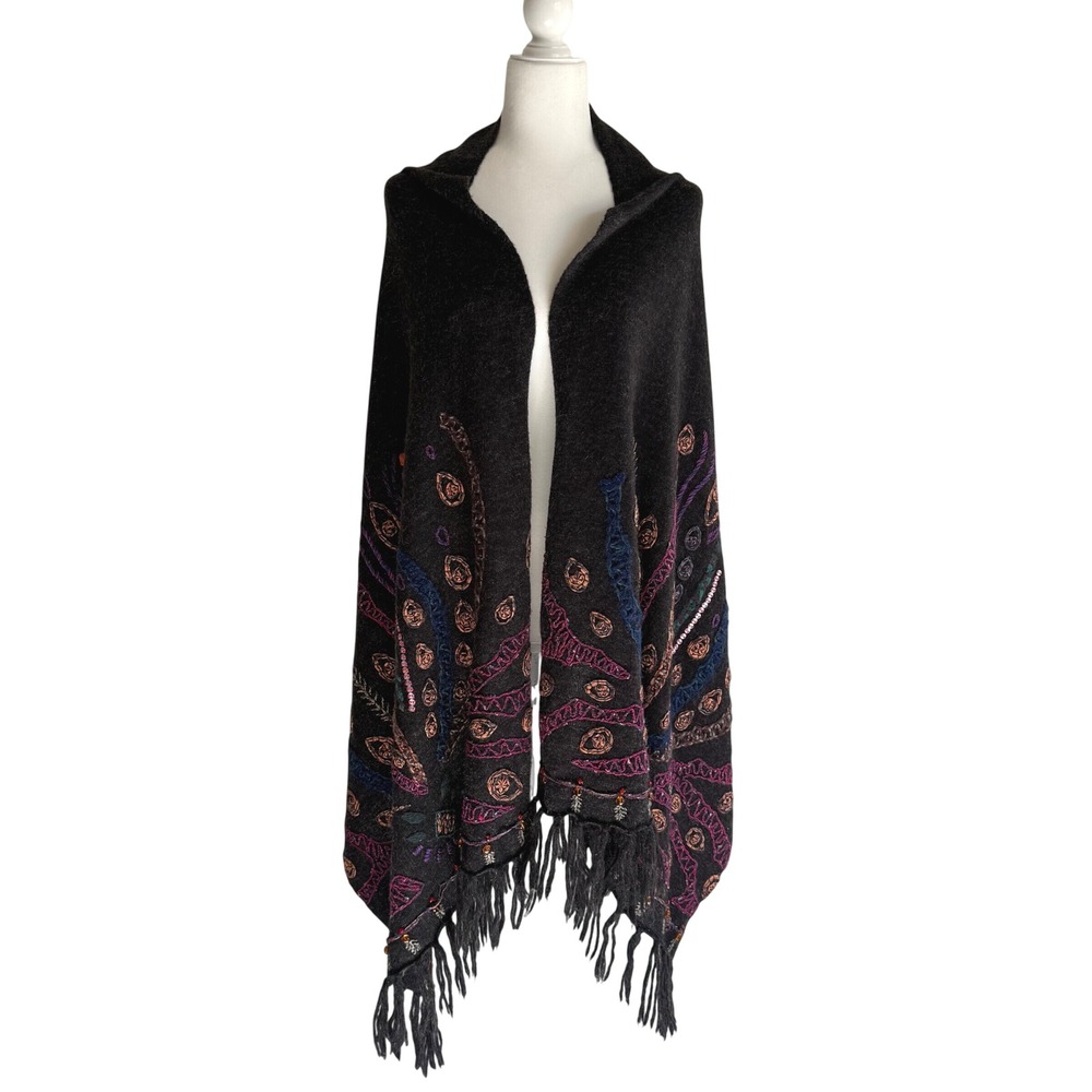 Chico's Mohair Blend Shawl Wrap Black Embroidered Beaded Fringe Boho Whimsygoth